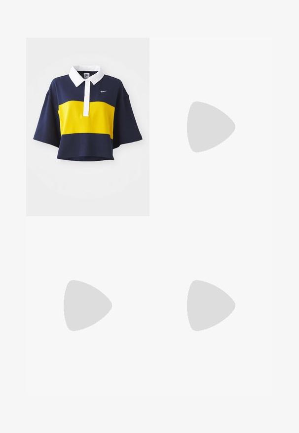 Short-sleeve polo shirt with a navy body, yellow horizontal stripe, and white collar. Features Nike logo in white on the chest. Cotton blend fabric.; Blue sweatpants with a drawstring waist, Nike branding on the waistband, wide leg design, and soft, textured fabric.; Navy synthetic sneakers with orange accents, featuring a textured upper, white sole, and black laces. Paired with pink wide-legged pants.; Aviator sunglasses featuring a gradient blue lens, silver metal frame, and decorative star accents on the lens. Smooth and sleek design.