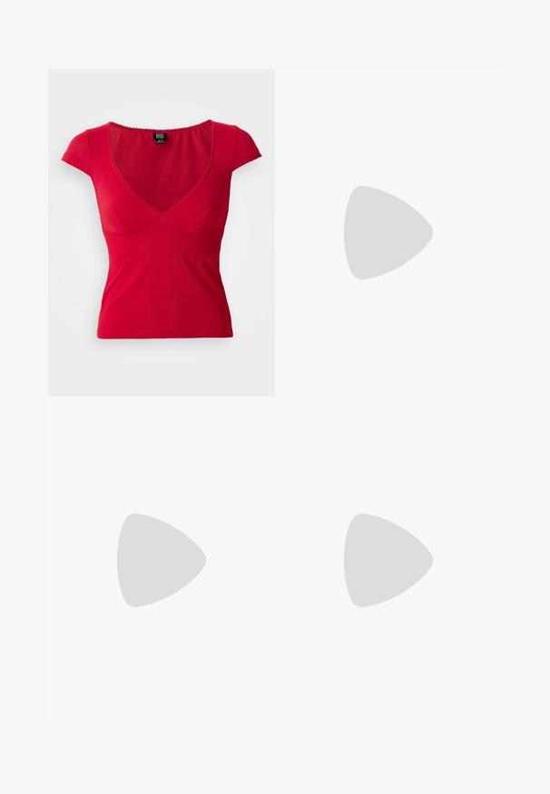 Red fitted women's short sleeve top with deep V-neck and slight gathering under bust on plain background.; Black loose-fitting track pants made of smooth fabric. Features an elastic waistband and side stripes with logo accents.; Black sneaker made of leather with a chunky sole, featuring a gold chain detail across the upper. Textured finish and rounded shape.; Even&Odd Handbag - black