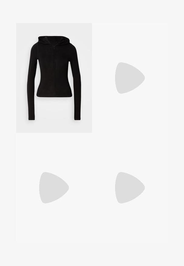 Schwarzes, langärmliges Kapuzenshirt mit einem Frontreißverschluss. Aus einem glatten Stoff gefertigt, figurbetontes Design und minimalistischem Detail. Abgerundeter Saum am unteren Ende.; Langer, cremefarbener Rock aus leichtem Stoff; verfügt über einen elastischen Bund mit Kordel und ein fließendes Design mit minimaler Textur.; Schwarze gehäkelte Ballerinas mit spitzer Zehe, ausgestattet mit einer geflochtenen Textur und einer dezenten Innenauskleidung, die für Komfort und Atmungsaktivität sorgt.; Braune Schildpatt-Brille mit ovalen Gläsern, dünnen Bügeln und transparenten Akzenten. Verfügt über ein dezentes Logo am Bügel. Elegantes, leichtes Design.