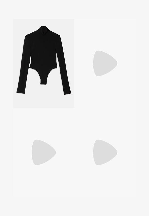 Black long-sleeve bodysuit made from stretchy fabric, featuring a high mock neck and a fitted design with a thong bottom.; Black maxi skirt with a fitted waistband, featuring sheer panels and opaque stripes. Lightweight fabric with a smooth texture.; Black leather high-heeled mules with an open toe, pointed design, smooth texture, and a slim stiletto heel.; Black leather handbag with a curved design, featuring silver studs, a buckle, and two side pockets. Adjustable strap for carrying options.