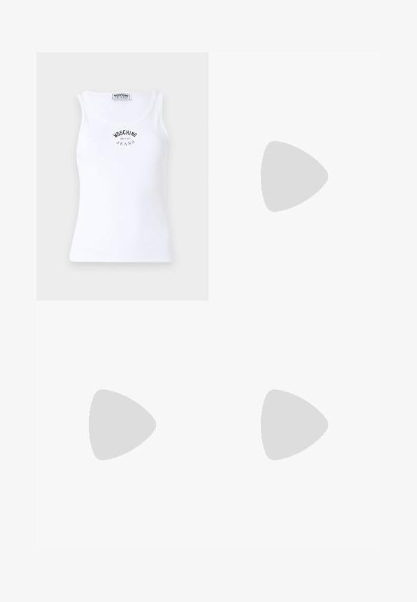 White ribbed tank top with a rounded neckline, featuring a black printed logo that reads "MOSCHINO JEANS" on the front.; White long-sleeve button-up shirt with collar and black embroidered text "Moschino Jeans" on the upper left chest.; Black leather skirt featuring an elastic waistband, smooth texture, and a simple, knee-length design. No additional patterns or accents.; Black leather ankle boot with silver eyelet detailing, pointed toe, and a block heel. Sleek design with a smooth texture.