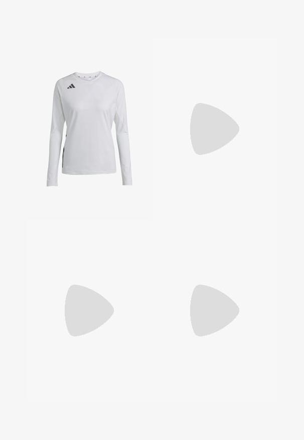 Camiseta deportiva de manga larga en tejido blanco, con un cuello redondeado y el logo de Adidas en negro en el hombro izquierdo y en el lateral.; Pantalones cortos deportivos negros de cintura alta con textura de malla, que presentan patrones geométricos grises y un logo en la cinturilla, confeccionados con material flexible.; Zapatilla deportiva blanca con parte superior texturizada, acentos reflectantes y suela gris. Presenta patrones triangulares acentuados y un sistema de cierre rápido.; Gafas de sol de plástico blanco con grandes lentes ovalados, tintados de gris. Presentan almohadillas negras para las orejas y un pequeño logotipo en el armazón. Acabado suave.