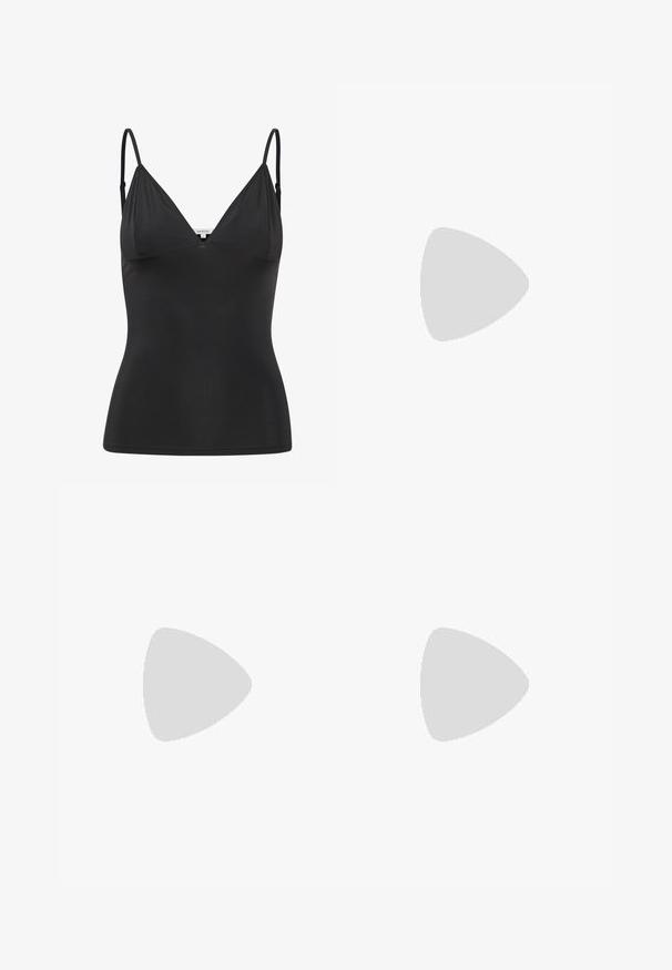 Schwarzes, tailliertes Camisole mit verstellbaren dünnen Trägern, V-Ausschnitt, nahtlosem Design und glatter Textur. Hergestellt aus einem weichen, dehnbaren Material.; Citizens of Humanity HORSESHOE - Jeans Relaxed Fit - black; Schwarze Gummi-Flip-Flop-Sandale mit einem strukturierten Riemen und einfacher flacher Sohle, von der Seite auf einem schlichten hellen Hintergrund dargestellt.; Reiss Clutch - natural