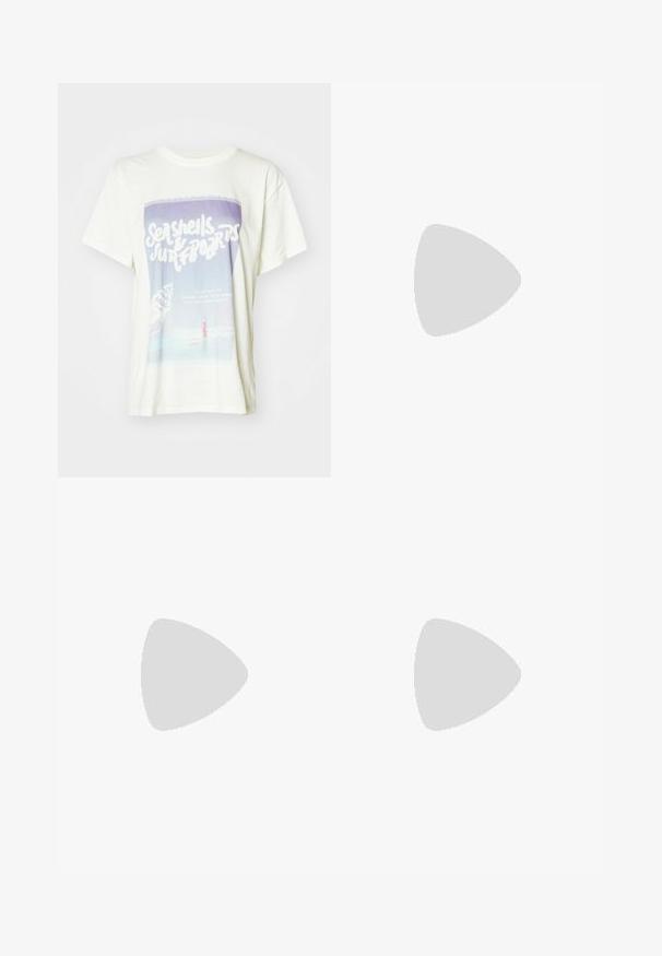 White cotton t-shirt featuring a graphic print of seashells and a surfer. The design includes soft colors with retro text and a beach scene.; Wide-leg, cream-colored trousers with an elastic waistband and drawstring. Smooth, lightweight linen fabric, no visible patterns or hardware.; Vans KNU STACK - Skate shoes - high shine gold; Silver hoop earrings with a smooth, polished finish. Circular shape, consistent width, designed for easy fastening. Simple and elegant.
