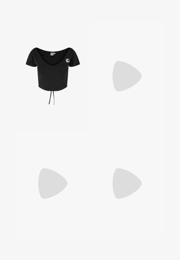 Black cropped t-shirt with short sleeves, deep V-neck, drawstring at the hem, and a white embroidered logo on the left side.; Black and white patterned athletic shorts with a high waistband. Features horizontal pink stripes on the sides and a smooth, stretchy fabric texture.; Black closed-toe sandals with two wide straps and small ventilation holes, featuring a thick cushioned sole for comfort.; Sunglasses with a sleek, light gray plastic frame, wraparound design, dark lenses, and a smooth texture. Features minimal branding on the side.; Black fanny pack made of durable fabric, featuring a zippered compartment, adjustable strap, and white signature logo on the front.
