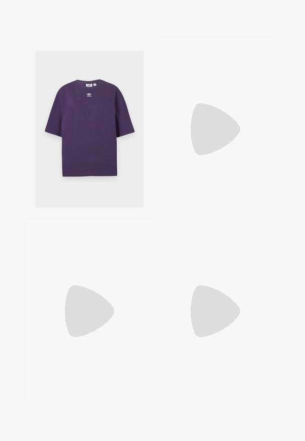 T-shirt de algodão roxo com mangas curtas, decote redondo e logótipo da Adidas bordado em branco no peito. Design simples, sem padrões.; Calças de pernas largas em material cinza brilhante, com riscas brancas nas laterais e um padrão de chamas na parte inferior das pernas. Fecho com botão e fecho éclair na cintura.; Ténis de camurça roxos com riscas e pormenores laranja, apresentando uma sola texturizada e atacadores planos. Usados com calças de treino azuis.; Óculos de sol com lentes ovais roxas, armação de metal e hastes finas. Almofadas de nariz transparentes e marcação discreta na haste.