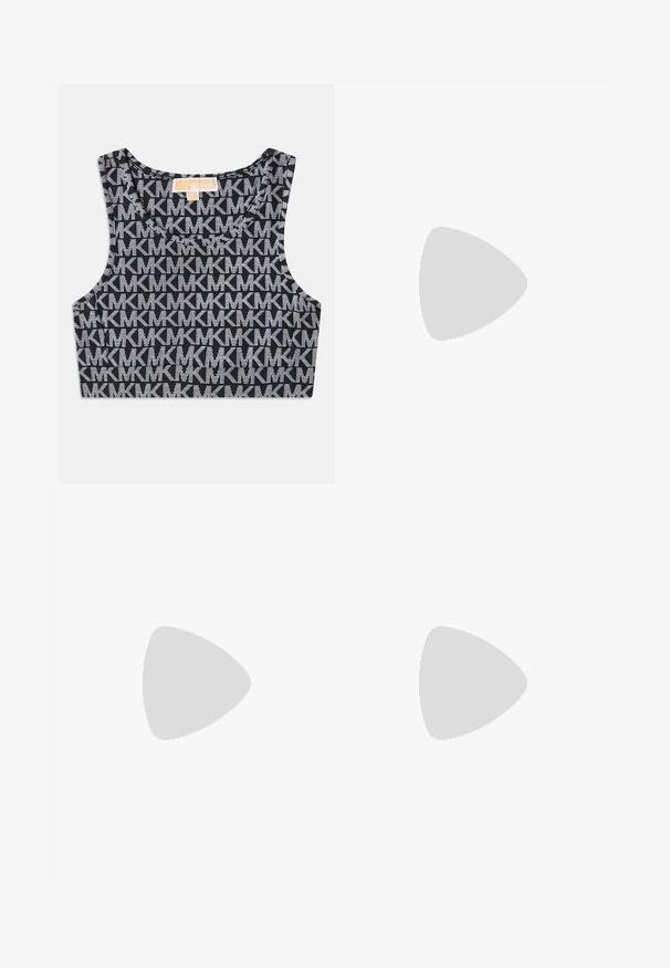 Black cropped tank top featuring a repeated white MK logo pattern, round neckline, and wide shoulder straps. Smooth texture.; Wide-leg jeans in dark denim with a high waist, featuring subtle fading, frayed hem, and classic five-pocket design.; Paul Smith TOPANGA - Ballet pumps - black; Black leather handbag with a curved design, featuring silver studs, a buckle, and two side pockets. Adjustable strap for carrying options.