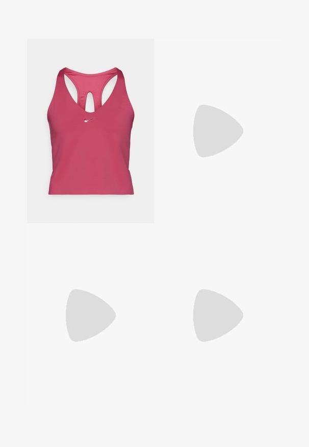 Soutien-gorge de sport Nike rose avec un dos en maille, présentant un décolleté en V profond et un détail découpé. Petit logo argenté à l'avant. Matière douce et extensible.; Shorts de compression Nike Pro bleu marine avec taille élastique, arborant le logo Nike Pro blanc et un petit swoosh Nike blanc sur la jambe.; Basket de course New Balance grise avec semelle rembourrée, tige en mesh et lacets, présentée de côté sur un fond blanc.; Lunettes de soleil rectangulaires blanches Oakley avec des verres foncés reposant sur une surface blanche, logo visible sur le côté.
