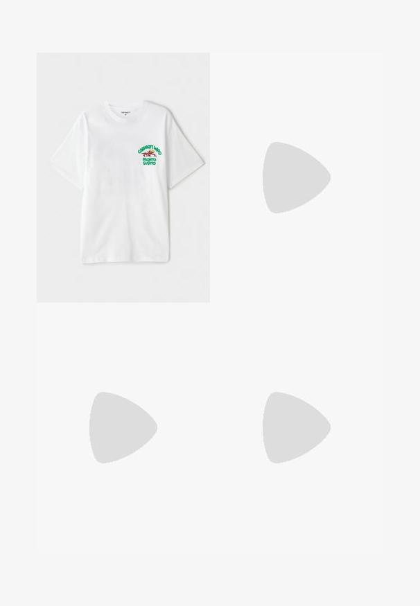 White cotton t-shirt featuring a green and red graphic text on the left chest reading "cashart Who Pronto Subito." Short sleeves.; Navy shorts with vertical white stripes and small heart patterns, featuring a button closure and belt loops. Made of lightweight fabric.; White athletic shoes with mesh upper, textured accents, and cushioned sole. Paired with black ribbed ankle socks on a blue carpeted surface.; Black nylon fanny pack with a zippered closure, featuring a large white Nike logo. Smooth texture and ergonomic design for comfortable wear.