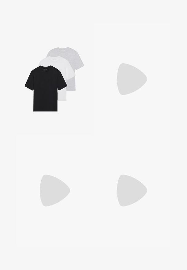 Set med tre basic t-shirts i svart, vitt och ljusgrått. Kort ärm, rund hals, tillverkade av mjuk bomullstyg. Logotyp synlig.; Beige bomullbyxor med rak bendesign, framfickor och vita sömnadsdetaljer, med en knappstängning i midjan.; Vita hög-topp sneakers i slät läder med perforerat tåparti, snörning och diskret logotypdetalj på sidan. Texturerad gummisula.; Runda sköldpaddsglasögon med mörkgröna linser. Snygg design med tunna skalmar och texturerade metalliska detaljer vid skalmarna.