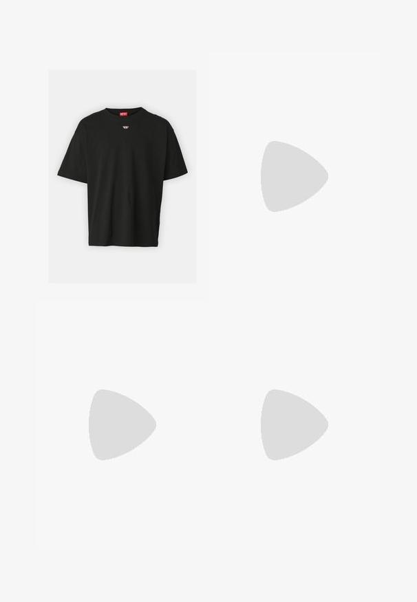 Black short-sleeve T-shirt made from cotton, featuring a round neckline and a small red logo on the chest. Simple design and straight cut.; Blue denim shorts with a straight cut, frayed hem, five-pocket design, and contrasting stitching. Features a metal button and zip closure.; Black athletic shoes with a textured upper and dark laces. Features a transparent gel sole. Worn with white socks and pinstriped pants.; Black chronograph watch with a silver dial, featuring three sub-dials, bold hour markers, and a textured fabric strap with red accents.