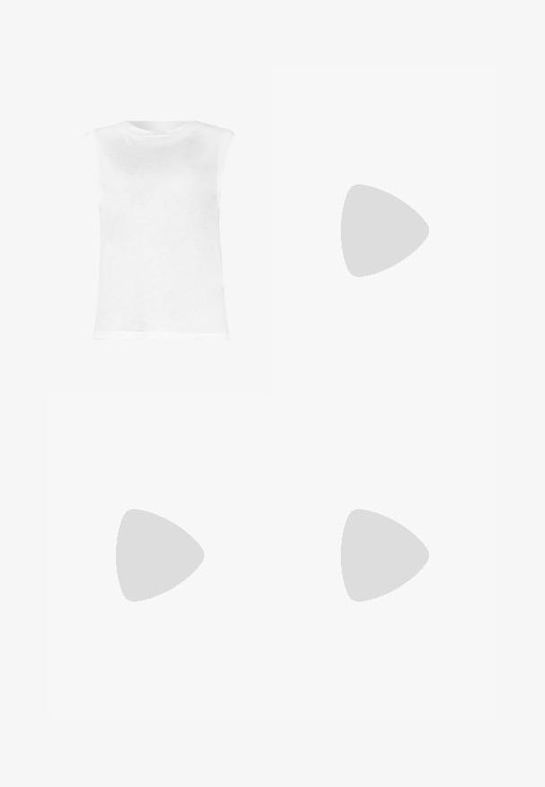 White sleeveless top made of lightweight fabric, featuring a round neckline and a slightly fitted shape. No visible patterns or embellishments.; White sweatpants made of soft fabric, featuring a drawstring waist and embroidered logo on the left thigh. Tapered leg design.; White leather sneaker with a smooth finish, beige suede accents, round toe, flat lace-up design, and a textured rubber sole.; Black leather hobo bag with a single, soft, rounded handle; features a smooth texture and a minimalist design. No visible hardware or accents.