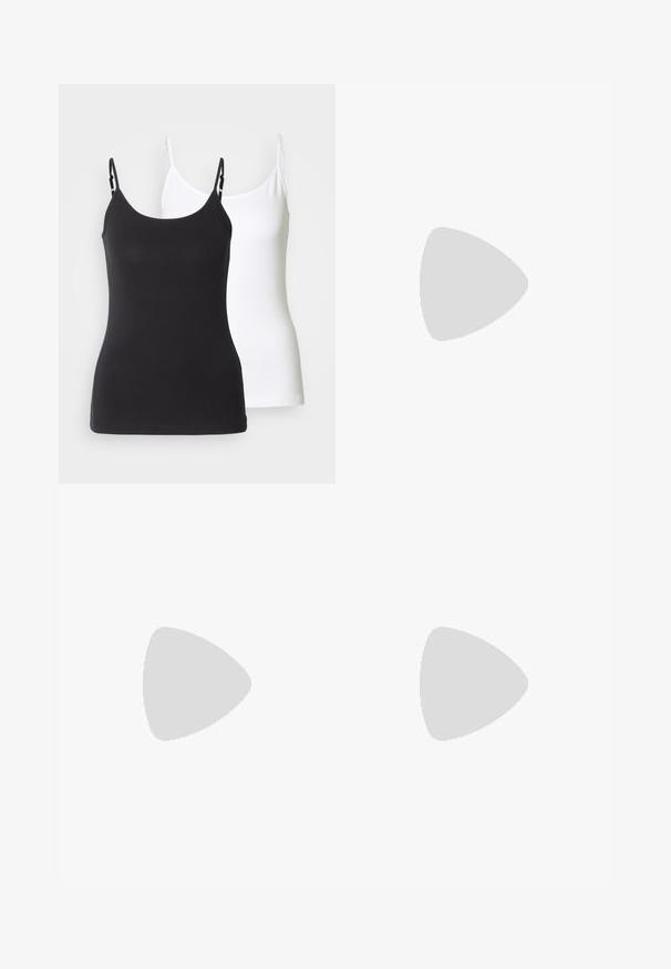 Camisoles en coton noir et blanc avec des bretelles ajustables fines, arborant un design ajusté et une texture lisse.; Pantalons gris avec une coupe droite, comprenant deux poches latérales et une fermeture à bouton. Tissu lisse sans motifs ni accents visibles.; Sandales compensées blanches avec une semelle en espadrille tissée, dotées d'une bride supérieure lisse et d'un subtil détail métallique au niveau du talon. Pantalons à rayures gris visibles.; Lunettes de soleil de forme ovale, monture en plastique transparent, verres gris foncé et branches transparentes fines avec des accents de logo et un minimalisme dans les détails.; Collier en perles blanches composé de perles rondes brillantes de tailles variées, avec un fermoir en or en forme de homard et une chaîne réglable.