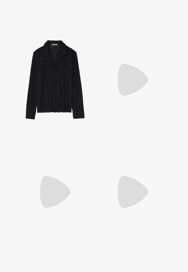 Giacca nera a maniche lunghe con una superficie testurizzata e lucente. Presenta un collo e una chiusura a bottoni davanti.; Gonna nera realizzata in tessuto elasticizzato, con vita elastica decorata dal logo "DKNY" in bianco. Texture liscia, lunghezza corta, design aderente.; Mule nere in pelle con tacco, punta appuntita, apertura sul retro e tacco basso a blocco. Texture liscia con design minimalista.; Occhiali da sole con tonalità marrone e montatura rettangolare di un marrone scuro, caratterizzati da una superficie liscia e un sottile dettaglio del logo sul lato.; Borsa a tracolla nera trapuntata con una catena d'oro, dotata di un distintivo fermo d'oro e di un'etichetta piccola, che mostra una superficie in pelle testurizzata.; Orecchini a cerchio color oro con un design a spirale, caratterizzati da una texture rigata e una finitura liscia. Costruzione leggera e cava.
