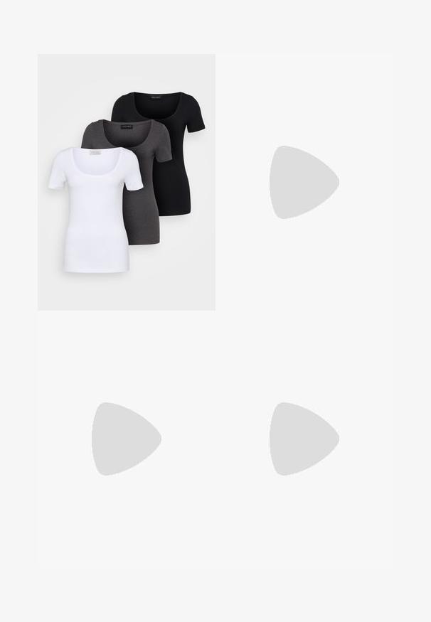 Tři přiléhavé trička v bílé, šedé a černé barvě. Každé má široký výstřih a krátké rukávy. Vyrobeno z hladké, pružné tkaniny.; Sukně s volánovým designem v leopardím potisku, v odstínech hnědé a černé na světlém pozadí. Měkká tkanina s hladkým povrchem.; Černé kotníkové boty z hladké kůže s špičatou špičkou a krátkým tenkým podpatkem. Mají bezproblémový design a jemné zdobení švy.; Oválné sluneční brýle s průhledným bledě žlutým rámem a hnědými čočkami. Mají hladkou texturu a jemné kovové akcenty po stranách.; Stříbrné kovové kruhové náušnice s broušenou texturní úpravou, s kulatým designem a průhledným záznamem pro bezpečné nošení.