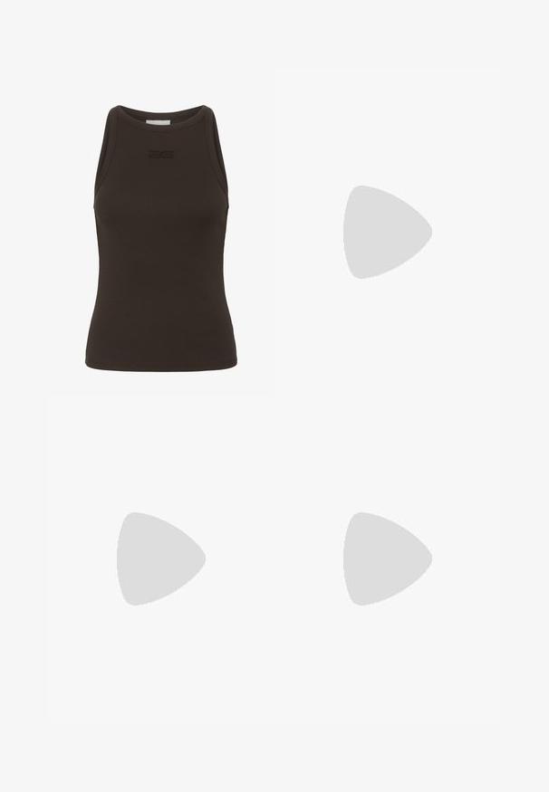 Brown ribbed tank top with a high neckline and sleeveless design, featuring a subtle logo at the chest area. Made from stretchy fabric.; Brown, fitted trousers with a smooth, stretchy fabric. Straight legs and a flat waistband without visible hardware or pockets.; Brown suede sneaker with a low profile, featuring three side stripes, a textured rubber sole, and rounded toe design.; Brown leather handbag with two sturdy handles, rectangular shape, smooth texture, and zip closure. Minimalist design with no visible patterns.