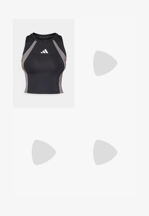 Musta urheilullinen hihaton paita, jossa on harmaat sivupaneelit. Ominaisuuksiin kuuluu pyöreä kaula-aukko ja valkoinen adidas-logo rinnan kohdalla. Valmistettu joustavasta kankaasta.; Valkoiset urheilushortsit, joissa on joustava vyötärö, valmistettu kevyestä materiaalista ja joissa on pieni tumma logo oikeassa alakulmassa.; Valkoiset urheilukengät mustilla raidoilla ja brändäyksellä, joissa on verkkomateriaali, pyöreä kärki ja paksu kermanvärinen pohja pehmusteena.; Musta urheilupanta, jossa on sileä pinta, kaareva muoto ja joustava yläosa. Sivussa on pieni valkoinen Adidas-logo.