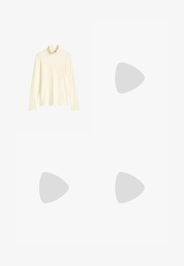 Langärmliges Turtleneck-Oberteil aus weicher, cremefarbener Jerseyware. Verfügt über einen hohen Kragen und einen lockeren Schnitt mit langen Ärmeln. Glatte Textur, ohne Muster.; Hochtaillierte, weit geschnittene Jeans in dunkelblauem Denim mit glatter Textur, Kontrastnähten und einem Fünf-Taschen-Design. Verschluss mit einem Frontknopf.; Weiße Leinenschuhe mit strukturiertem Obermaterial, runder Zehenkappe, flacher Sohle und Schnürverschluss. Merkmale umfassen einen leicht ausgefransten Kragen und eine Zugschlaufe.; Marinefarbene Leinenschultertasche mit weicher, strukturierter Form, ausgestattet mit einem schwarzen Riemen, genähten Details und einem kleinen Markenschild.