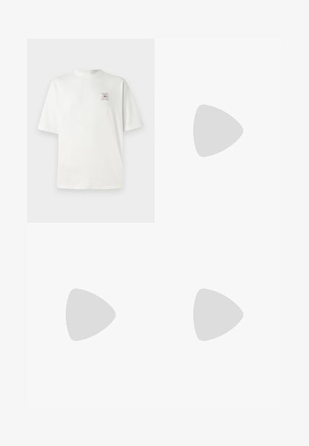 White cotton t-shirt with short sleeves, round neckline, and a small printed logo in brown on the left chest. Classic fit design.; Gray sweatpants made of soft fabric, featuring an elastic waistband with a drawstring, elastic cuffs, and a smooth texture.; Light cream sneaker with black three-stripe design, textured upper, round toe, and gum sole. Features laces and branding on side.; Black nylon crossbody bag with adjustable strap, featuring a drawstring closure and embossed logo detail. Worn over a gray t-shirt.