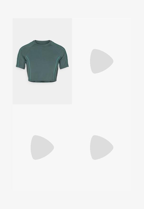 Crop top made of dark green fabric featuring short sleeves, contrast light green stitching, and a round neckline with a fitted design.; Light green athletic shorts with an elastic waistband, featuring a prominent white Nike swoosh logo on the lower right side.; White running shoe with a breathable mesh upper, blue accents, and a distinct midsole design featuring a visible cushioning system.; Yellow-tinted sunglasses with rectangular brown lenses, featuring a textured frame and angular temples with logo accents.