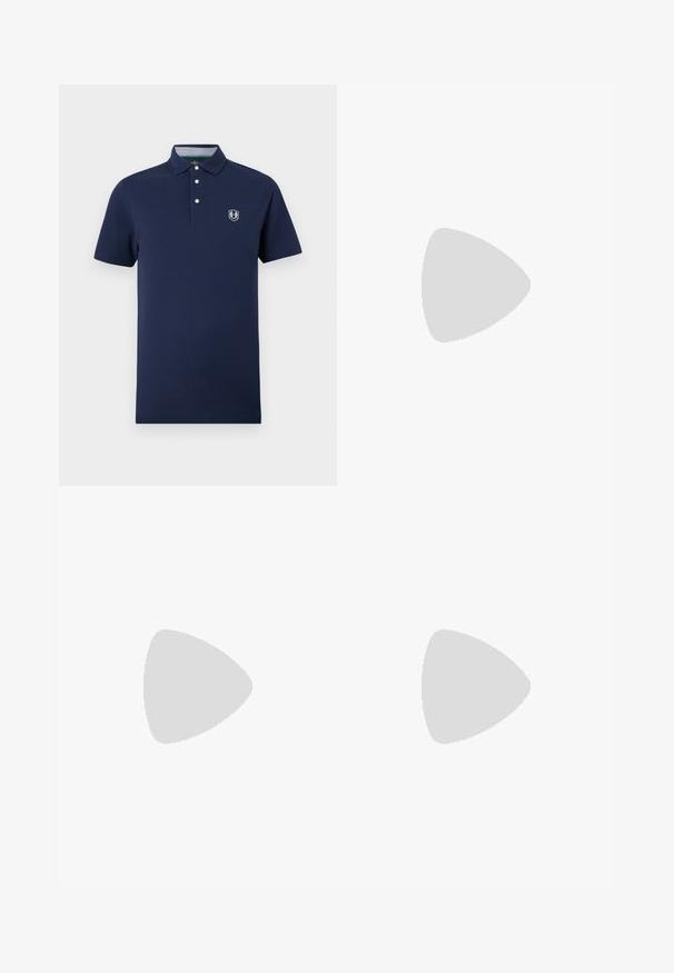 Navy blue polo shirt made from cotton, featuring a three-button placket and an embroidered logo on the left chest. Short sleeves and classic fit.; Beige cotton shorts with a flat front, zip fly, button closure, and side pockets. Smooth texture and knee-length design.; Black leather loafers with a rounded toe, raised stitching detail on the vamp, and a flat rubber sole. Smooth texture, classic design.; Fanny pack in dark blue tie-dye print with a zippered top, textured material, and a prominent logo detail on the front.