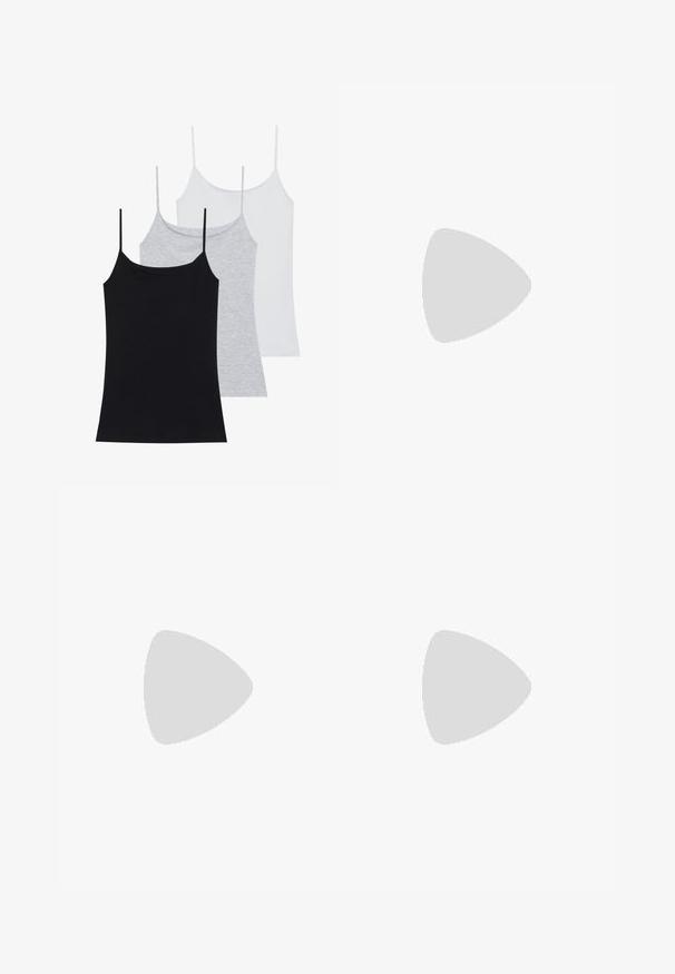 Tri brezrokavne majice: ena črna, ena siva in ena bela. Narejene iz mehke, raztegljive tkanine z nastavljivimi trakovi.; Črne široke kavbojke iz denima, z gumbom in zadrgo, petimi žepi ter diskretnim zbledelostjo na materialu.; Črne semiš superge s teksturiranimi gumijastimi podplati, ki imajo tri črne usnjene črte, zaobljen nos in oblazinjen ovratnik za gleženj.; Temno modra denim torba zaokrožene oblike, z več zunanjimi žepi, nastavljivim trakom in srebrnimi kovinskimi detajli. Vključena je tudi zgornja ročica.