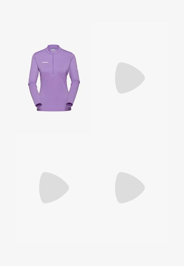 Lys lilla langærmet pullover med lynlås i halsen. Glat tekstur, tætsiddende design og logo på forsiden. Strækbart stof for komfort.; Mørk marineblå shorts lavet af et glat, let stof, med en flad talje og sidelommer, designet til komfort og mobilitet.; Sportssko med et mønstret mesh-overdel i grøn og beige, en tykk grå mellemsål og lilla accenter, sat mod en stenoverflade.; Sort Columbia Titanium rygsæk med en glat stoftekstur, sidelommer, bærehåndtag og justerbare stropper. Minimalistisk design med diskret branding.