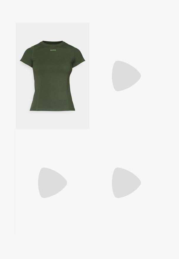 Olive green fitted t-shirt made of smooth fabric, featuring short sleeves and a ribbed round neckline. "BORG" logo in light green on front.; Flared skirt made of smooth, soft fabric in a muted teal color. Features a wide, elastic waistband and subtle stitching details.; White athletic shoes with a textured upper, padded collar, and lace closure. Features a curved outsole and subtle branding on the side.; Black athletic gloves with a white Nike logo, featuring a textured grip on fingers and snug, stretchy fabric for comfort.