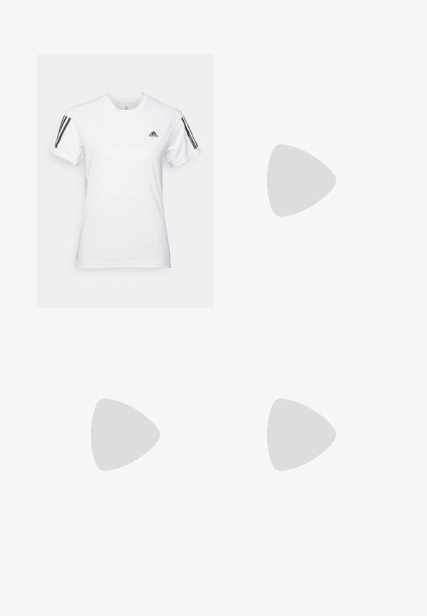 Weißes Sport-T-Shirt aus glattem, leichtem Stoff. Mit schwarzen Drei-Streifen-Akzenten auf den Schultern und einem kleinen schwarzen Logo auf der Brust.; Schwarze Sportshorts aus dehnbarem Material. Besitzen einen hohen Bund und glatte Nähte. Geeignet für Freizeitkleidung und Sport.; Weißer Sportschuh mit schwarzen diagonalen Streifen, Mesh-Obermaterial, abgerundetem Zehenbereich und strukturiertem Profil. Akzente sind ein silberner Heel und ein minimalistisches Design.; Klare Schutzbrille mit einem leichten, transparenten Rahmen und grauen Akzenten. Verfügt über ein umschließendes Design und ein verstellbares Nasenstück.