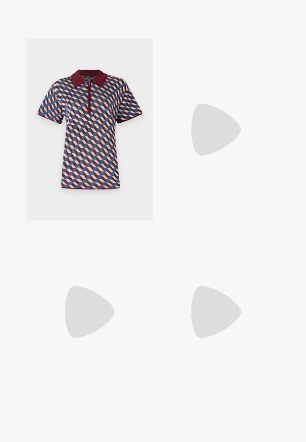 Polo shirt in geometric pattern featuring maroon, blue, and cream colors, short sleeves, and a zip closure with a ribbed collar.; Brown wide-leg pants with an elastic waistband and drawstring. Textured material with vertical stripe pattern. Straight-cut legs.; Black leather loafers with a tied bow, featuring gold eyelet accents along the sides and a flat rubber sole. Smooth texture, classic design.; Black faux leather handbag with a crocodile texture, cinched top, and a scrunched strap. Appears soft and compact in design.