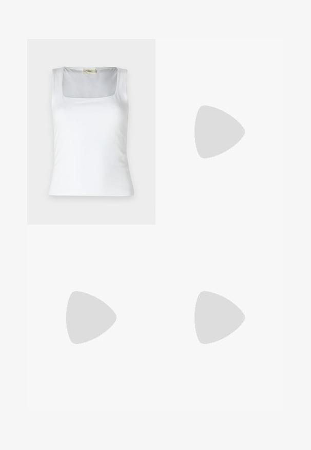 Débardeur blanc à encolure carrée fabriqué en tissu lisse. Présente des bretelles larges et une silhouette ajustée. Aucune motif ou ornement visible.; Jupe en denim mini de couleur bleu clair avec une coupe classique. Dispose de poches avant et de passants de ceinture, avec un ourlet droit et un léger délavage.; Sandales à talons en cuir verni rose avec un bout carré, des brides étroites et un talon bloc géométrique. Comprend un détail de boucle sur la bride.; Sac bandoulière en cuir marron avec une forme incurvée, quincaillerie dorée et un accent en boucle. Comprend une bandoulière détachable.
