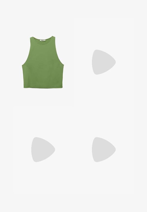 Top court en vert avec une texture lisse, sans manches, encolure large et bords cousus. Fabriqué en tissu léger.; Jupon midi en satin rose avec une texture lisse, une coupe décontractée et une taille élastique subtile, offrant une silhouette fluide.; Sandales à talons en cuir jaune avec plusieurs fines sangles ornées de clous métalliques, un design à bout carré et un petit talon. Semelle noire en accent.; Sac hobo en cuir vert au design décontracté, avec une poignée incurvée et une texture lisse. Ne contient aucun matériel ou accent visible.