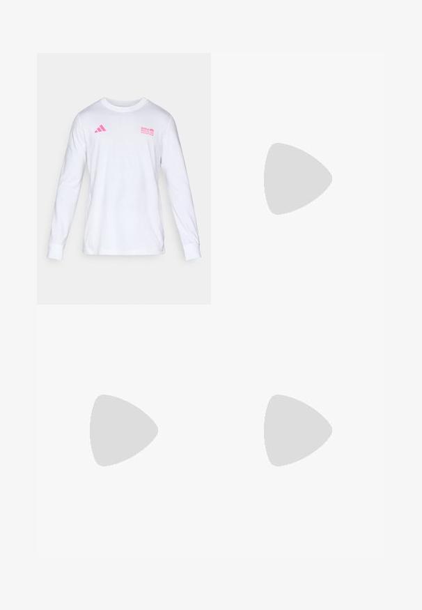 White long-sleeve crew neck shirt with pink Adidas logo and BMW Berlin Marathon text on the chest.; Black athletic shorts with a smooth texture, fitted design, and white logo on the left side. No visible pockets or hardware details.; White running shoe featuring a textured mesh upper, black swoosh design, and a colorful, layered sole with orange and yellow accents.; Sport sunglasses with a white frame and large gradient lenses featuring purple and green hues; sharp angular design with a central nose bridge.