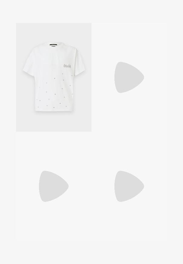 White cotton t-shirt with short sleeves, featuring a logo on the chest and a scattered pattern of small metallic crosses.; Black trousers made of textured fabric, featuring a fitted waist, two front pockets, and a straight-leg cut. Silver hardware accents included.; Black leather loafers with a smooth texture, rounded toe, and a decorative strap across the vamp. Low stacked heel, minimalist design.; Black leather crossbody bag with a flap closure, silver-tone hardware, and two round accents. Features a detachable strap. Smooth texture.