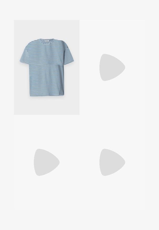 Striped t-shirt in light blue and white, featuring short sleeves and a round neckline. Made from smooth, breathable fabric.; Light blue high-waisted jeans with a straight leg fit, made of denim. Features a button fly, five-pocket design, and subtle faded texture.; Sneaker with a beige and white upper, featuring a leopard print panel. Light tan rubber sole, textured accents, and flat laces.; Navy canvas shoulder bag with a soft, structured shape, featuring a black strap, stitched detailing, and a small brand tag.