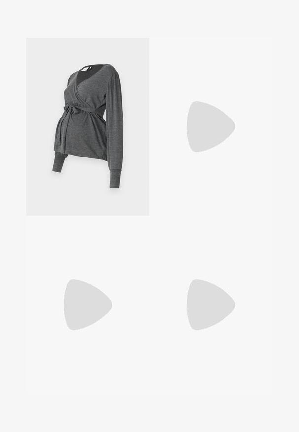 Gray, long-sleeve wrap top made of soft material, featuring a v-neck and a tied waist. The sleeves have a slight puff detail.; Maternity jeans in faded black denim, featuring a stretchy black waistband for support. Wide-leg design with standard front pockets.; White sneaker made of smooth synthetic material, featuring a rounded toe, lace-up design, flat sole, and subtle perforated detailing.; Brown suede tote bag with a soft texture, featuring a single shoulder strap and a subtle curved top opening. No visible hardware details.