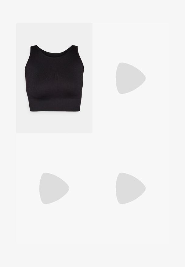 Čierny rebrovaný crop top s vysokým výstrihom a širokými prieramkami, vyrobený z príjemnej, elastickej tkaniny pre pohodlie a bezšvovým dizajnom.; Jack Wolfskin TIHAMA SKIRT - Športová sukňa - stone; Beige a krémová športová obuv s textúrovaným sieťovým zvrškom, podporujúcimi prekrytiami a gumovou podrážkou s dezénom pre trakciu.; Korytnačkové okuliare s oválnymi šošovkami a hladkým, lesklým povrchom. Majú tenké strany s jemným zakrivením na spánkoch. Priehľadné šošovky.