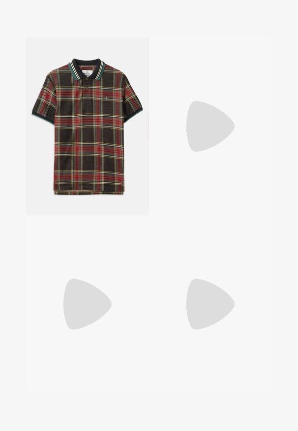 Polo shirt in dark brown fabric with a red, yellow, and green plaid pattern. Features a black collar with green and white stripes and two buttons.; Black trousers with a straight fit, made from solid fabric. Features a button closure, belt loops, and two front pockets. Clean, minimal design.; Black leather slip-on shoe with textured surface, red and white striped accent on the upper, rounded toe, and rubber sole.; Black leather messenger bag with a textured finish, metal hardware accents, adjustable strap, and a flap closure featuring buckle details.