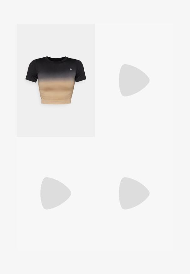 Top curto de mangas curtas com um degradê do preto ao bege. Textura suave, decote redondo e um logo discreto no peito.; Even&Odd active MID RISE SEAMLESS CYCLING SHORTS WITH RIBBED WAISTBAND
 - Leggings - dark brown; Sapatilha atlética preta com parte superior em malha, detalhes em prata, sola acolchoada e fecho de atacadores. Apresenta ponta arredondada e solado texturizado.; Mala de viagem preta com tecido suave, compartimentos com zíper duplo, alças almofadadas e um grande logótipo branco da Nike na frente.