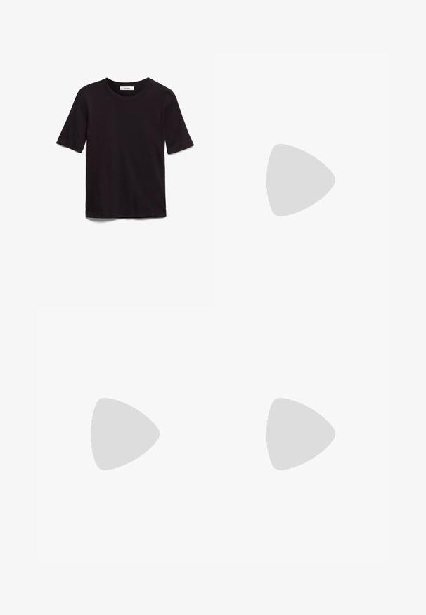 Black short-sleeve T-shirt made of soft cotton, featuring a round neckline and a smooth, even texture with a minimal design.; Wide-leg trousers in a lightweight fabric featuring a gray and white wavy camouflage pattern, with a button closure and pleated design.; Black leather ankle boots with a pointed toe and block heel, paired with shiny silver pants, showcasing sleek textures and contrasting colors.; Brown leather handbag with a flap closure, gold-tone hardware, a shoulder strap, and a smooth texture. Compact rectangular shape.