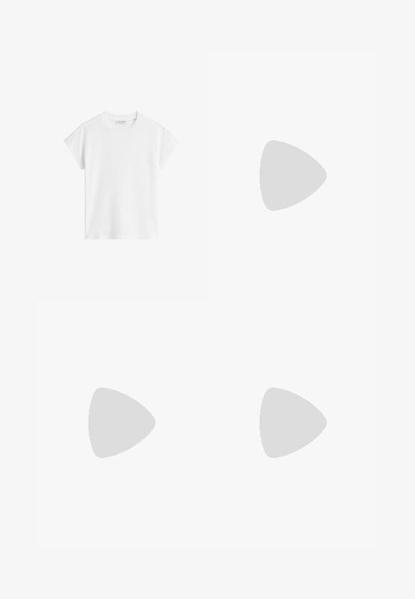 White short-sleeve t-shirt made of cotton. Features a relaxed fit with a crew neckline and slightly dropped shoulder seams. No patterns or accents.; Wide-leg, high-waisted trousers in a warm brown hue, featuring front pleats and a clean finish, designed for a stylish, comfortable fit.; Black leather pump with a pointed toe and a low block heel. Features an ankle strap with a gold-tone buckle. Smooth texture.; Black cat-eye sunglasses with dark lenses, thick frames, and subtle accents. Worn with a black coat and gray top, featuring long straight hair.