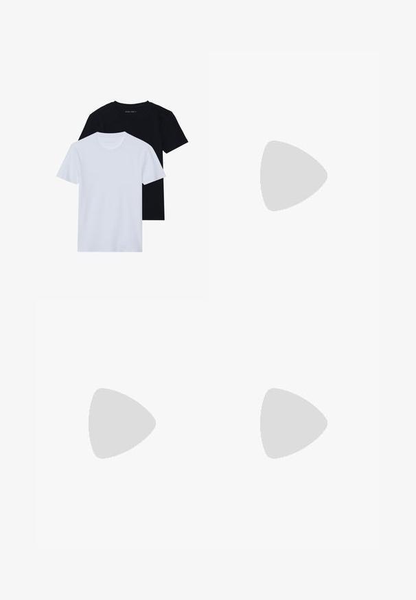 Twee korte mouwen crew neck t-shirts, één zwart en één wit, gemaakt van zacht katoen met een ribbelstructuur. Klassieke pasvorm.; Jack & Jones PREMIUM JPSTBILL JJNATE JOG - Cargobroek - laurel wreath; Zwarte en olijfgroene hardloopschoen met een bovenlaag van mesh, gestructureerde overlays en een witte middenzool. Voorzien van een trekband en een rubberen zool met profiel.; Sport zonnebril met een zwart montuur, grote verlooplenzen met paarse en groene tinten, en hoekige ontwerpaccenten met logo-details.