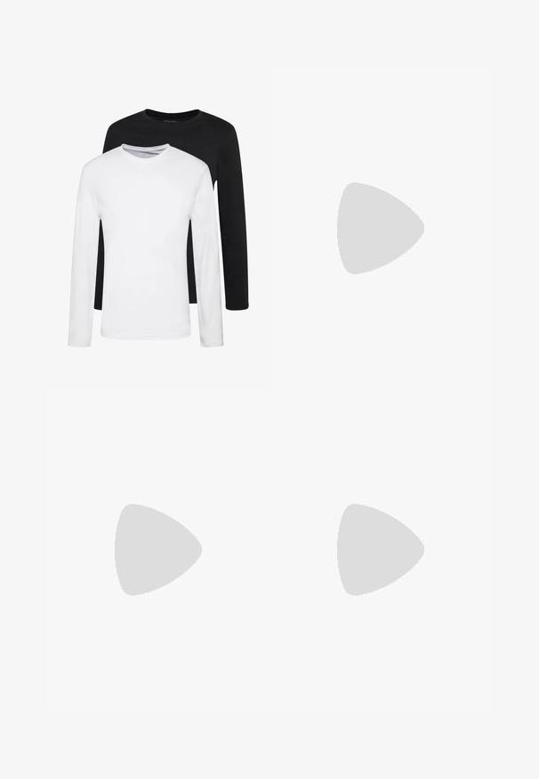 Deux chemises à manches longues, l'une noire et l'autre blanche, en coton avec un col rond et une texture lisse, présentées dans un arrangement empilé.; Chemise à boutons marine avec un motif floral géométrique dans des tons d'orange. Comprend un col et des manches longues avec des poignets à boutons.; Pantalons larges en tissu bleu foncé avec un motif géométrique orange complexe, dotés d'un front plissé et d'une ceinture ajustée.; Mocassins en cuir noir à finition lisse, avec pompon décoratif, semelle en caoutchouc épaisse et détails cousus. Design léger et élégant.