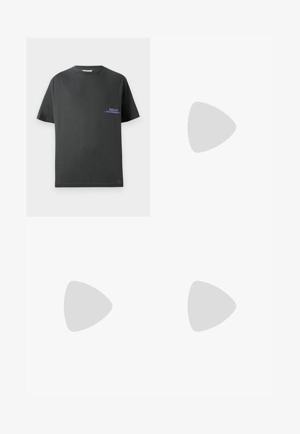 Dark gray cotton t-shirt with a round neckline. Features a small purple print on the left chest reading "REPLAY." Short, straight sleeves.; Gray denim jeans with a straight cut, five-pocket design, and metal button closure. Fabric has a soft, textured finish.; Black leather sneaker with white stripes, textured rubber sole, and lace-up front. Features a branded label on the tongue.; Black leather crossbody bag with a zip closure, embossed logo on the front, and adjustable strap. Smooth texture with a rectangular shape.