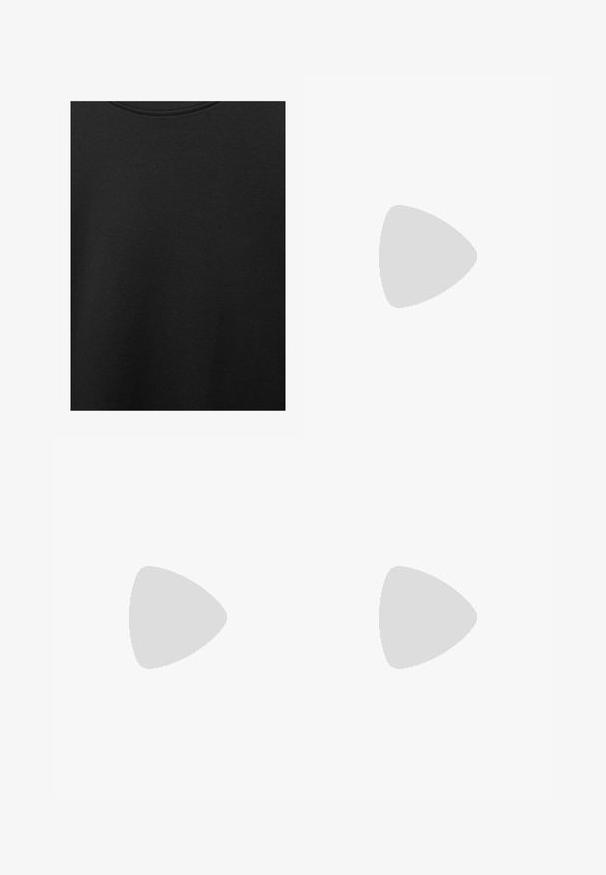 Fekete pamut anyag sima textúrával és kerek nyakkivágással, finom, egyenletes szemcsés mintázattal. Nincsenek látható logók vagy díszítések.; Fekete műbőr szoknya magas derékkal, varrott részletekkel és oldalsó redőkkel. Fém gombos zárás elöl.; Fekete lakk bőrcipő bokáig érő, hegyes orral és közepes magasságú tömbsarokkal. Simább textúrával és minimalista dizájnnal rendelkezik.; Barna bőr vászontáska sima textúrával, nyitott tetejű dizájnnal és két vállpánttal. Minimális varrással és látható hardver nélkül készült.