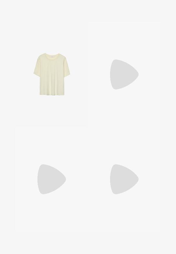 Stradivarius REGULAR FIT - T-Shirt basic - light yellow; Stradivarius WIDE-LEG WITH BUCKLE DETAIL  - Stoffhose - black; Sneaker mit Obermaterial aus cremefarbenem Leder, hellblauen Streifen und pfirsichfarbenen Akzenten. Verfügt über eine strukturierte braune Gummisohle und ein minimalistisches Design.; Braune Lederhandtasche mit runder Form, silbernem Zubehör und dekorativer Naht. Verfügt über einen Schulterriemen und einen Verschluss mit Clip.