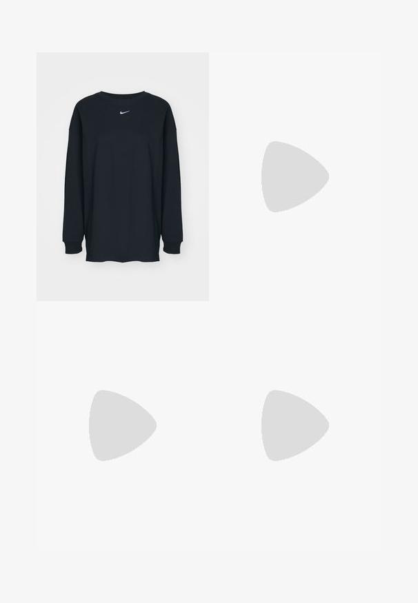Black long-sleeve T-shirt made of cotton with a crew neckline. Features a white Nike logo on the chest. Soft texture, simple design.; Black athletic pants with a shiny, smooth fabric, featuring an elastic waistband, wide legs, and a small logo on the left side.; Black and pink sneakers with wavy design, featuring white sole and visible air unit, complemented by black laces and green accents.; Rectangular, clear-lensed glasses with a thin silver metal frame and black acetate tips. Features minimal hardware for a sleek design.