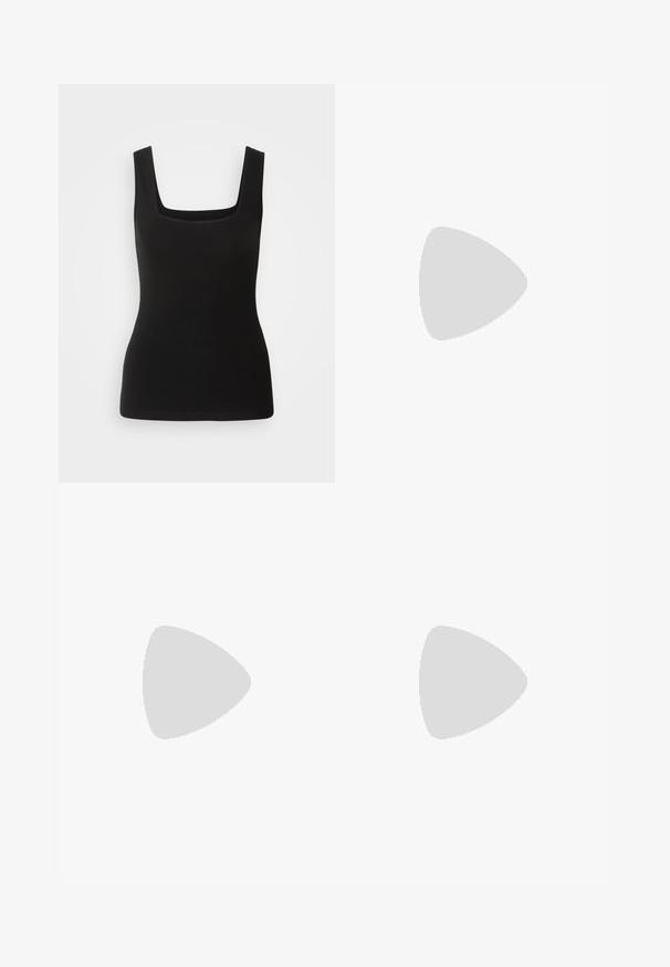 Sort ærmeløs tanktop med firkantet halsudskæring, lavet af glat stof; tætsiddende design uden mønstre eller hardware-detaljer.; Sorte leggings med en glat, strækbar stof; høj talje; tætsiddende design; ingen synlige sømme eller mønstre.; Sorte læder ankelstøvler med snørebånd foran, gul syning, en rund tå og en tyk, tekstureret gummisål.; Sort læder crossbody taske med klap, to sølvspænder, gul syning og justerbar rem. Har en glat overflade og kompakt design.