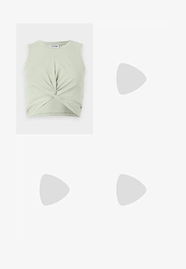 Light green sleeveless top made of soft material, featuring a twisted front detail and a fitted design. Smooth texture, rounded neckline.; Black high-waist jeans with a button and zip closure, front pockets, and flared legs laid flat on a white background.; White sneakers with a smooth leather upper, perforated detailing, and a thick rubber sole. Features minimal branding and a lace-up design.; Brown leather tote bag with a smooth texture, open top design, and two shoulder straps. Features minimal stitching and no visible hardware.