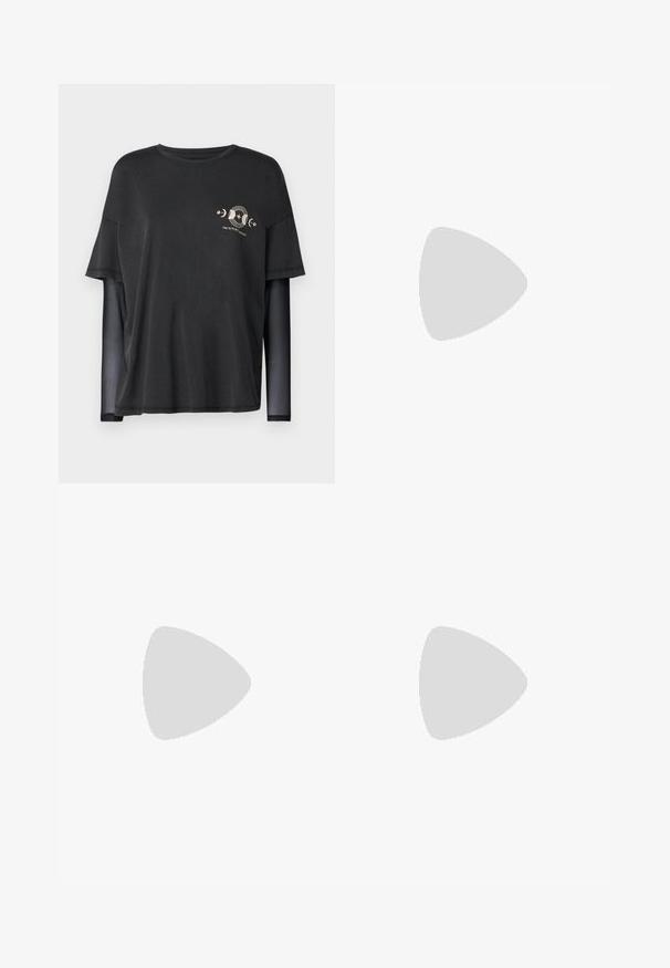 Black T-shirt with short sleeves, layered over long black mesh sleeves. Features a gold graphic print on the chest with celestial motifs.; Light brown, tapered pants with a drawstring waistband and pleated details. Made of a smooth, stretchy fabric for comfort and fit.; Black slingback high-heel shoe with a pointed toe, featuring multiple narrow straps and circular accents across the front.; Silver metallic heart-shaped handbag with dual handles, chain strap, and smooth texture. Features metal hardware and stitched edges.